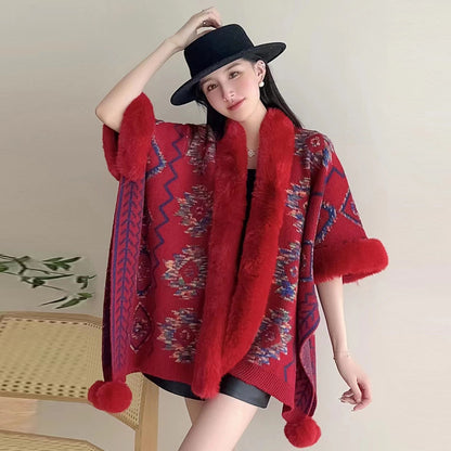 Ethnic Style Fur Ball Shawl Cape Cloak