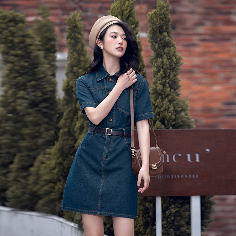 Simple Lapel Short-sleeved Single-breasted Casual Denim Dress Belt