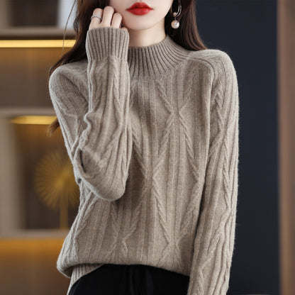 Pure Wool Autumn And Winter Women's Short Half Turtleneck Solid Color Sweater