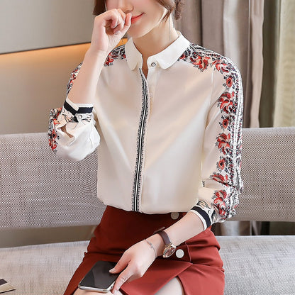 Silk Ladies Shirt Print Elegant Long Sleeve Top