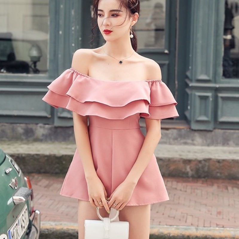 Tube Top One-line Collar Strapless Ruffled Solid Color Jumpsuit Women's Thin Sexy Jumpsuit Shorts