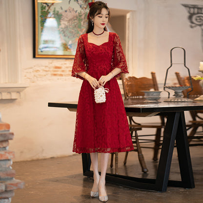 Women's Fashion Wine Red Lace Dress