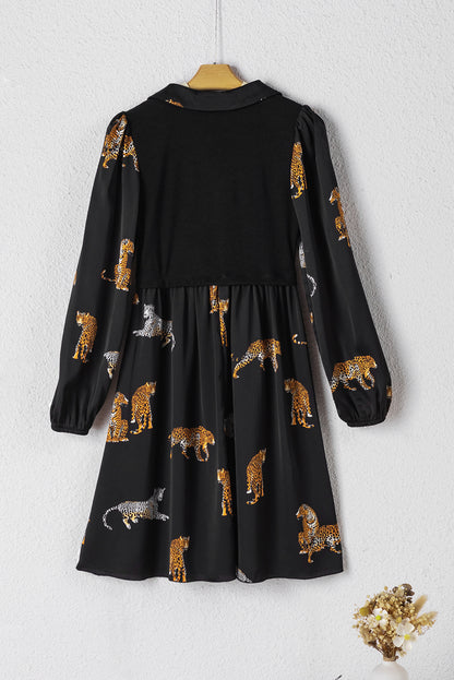 Vestido con vuelo de manga larga con estampado de leopardo vívido negro