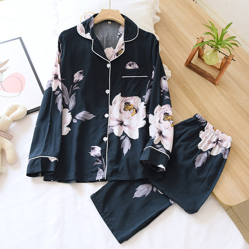 Women's Thin Two Piece Long Sleeve Cotton Silk Pajamas