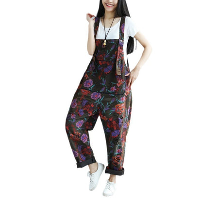 Print Distressed Big Crotch Ripped Pastoral Style Suspender Pants