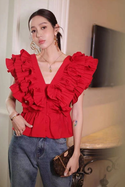 Ruffled V-neck French Shirt Women Retro Pleated Waist Slim Sleeveless Top