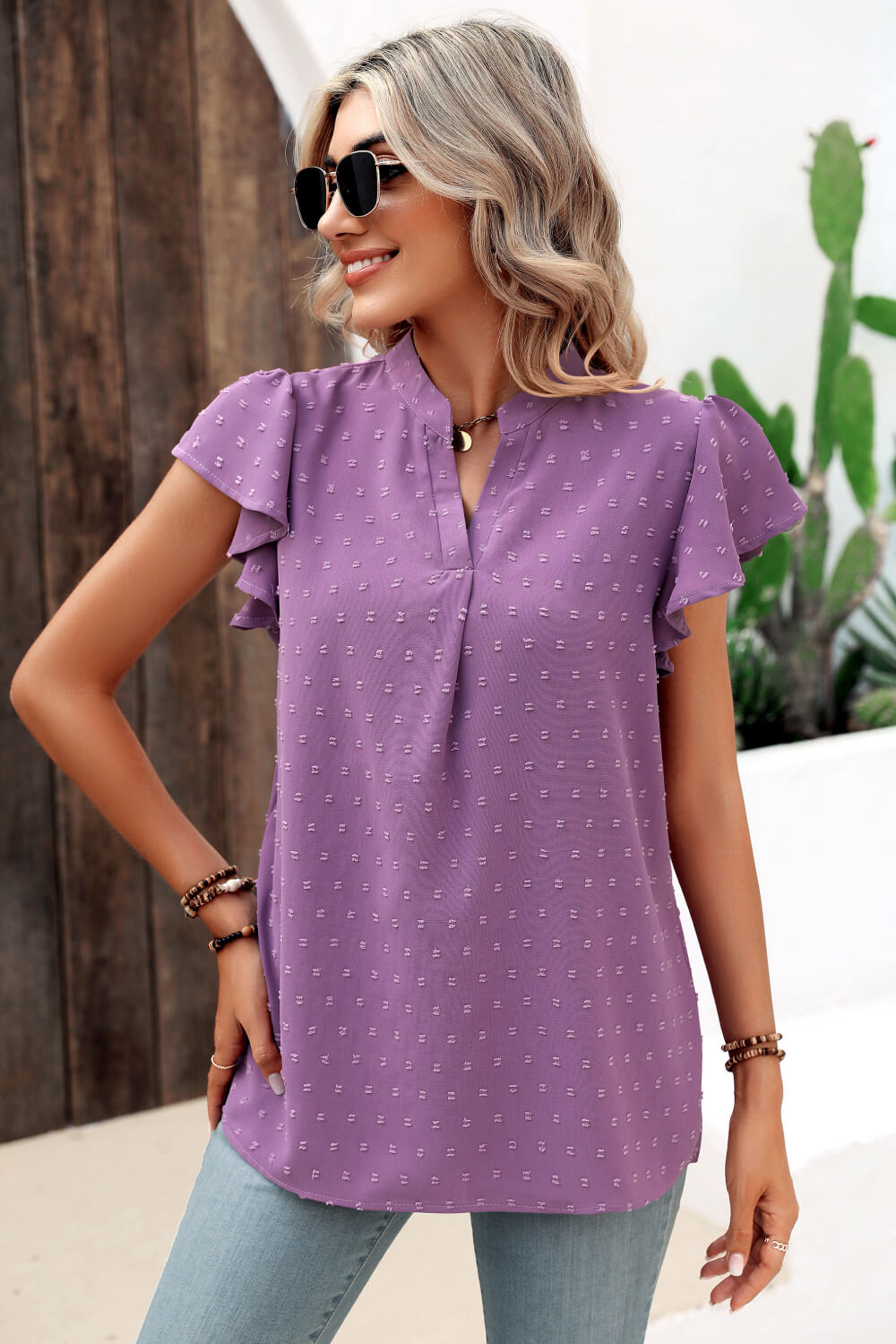 Swiss Dot Flutter Sleeve Notched Neck Blouse