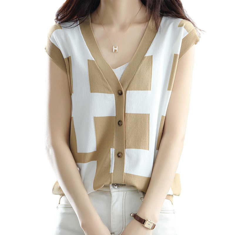 Knitted Cardigan Women's Daily V Neck Contrast Color Vest