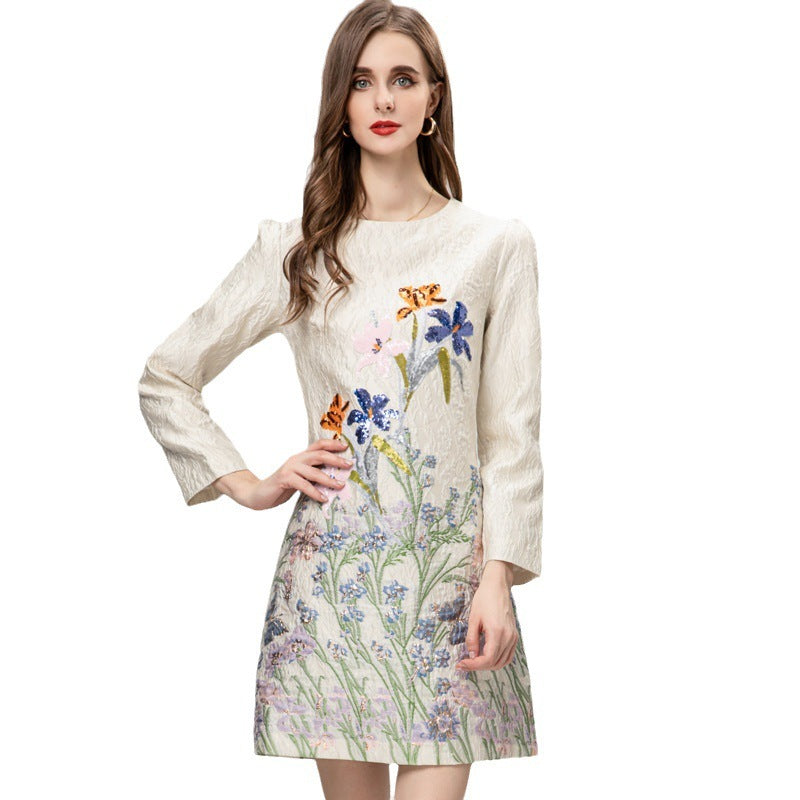 Heavy Embroidery Sequins Fashion Narcissus Jacquard Printed Long Sleeve Short Dress