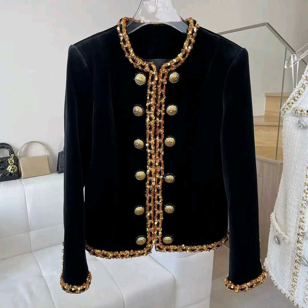 French Retro Heavy Embroidery Sequins Gold Buckle Black Coat