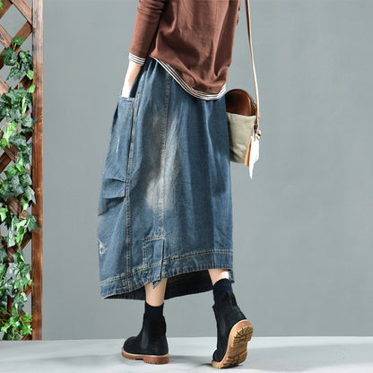 Retro Elastic Waist Washed Denim Skirt