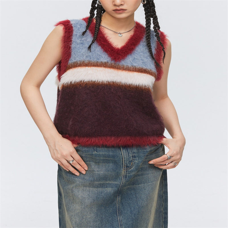 Wool Blended Long Velvet Wool Contrast Color Striped Knitted V-neck Vest Sweater