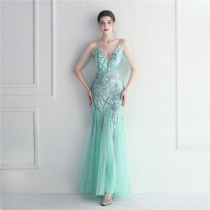 Mesh Beaded Bridal Wedding Dinner Long Camisole Evening Gown