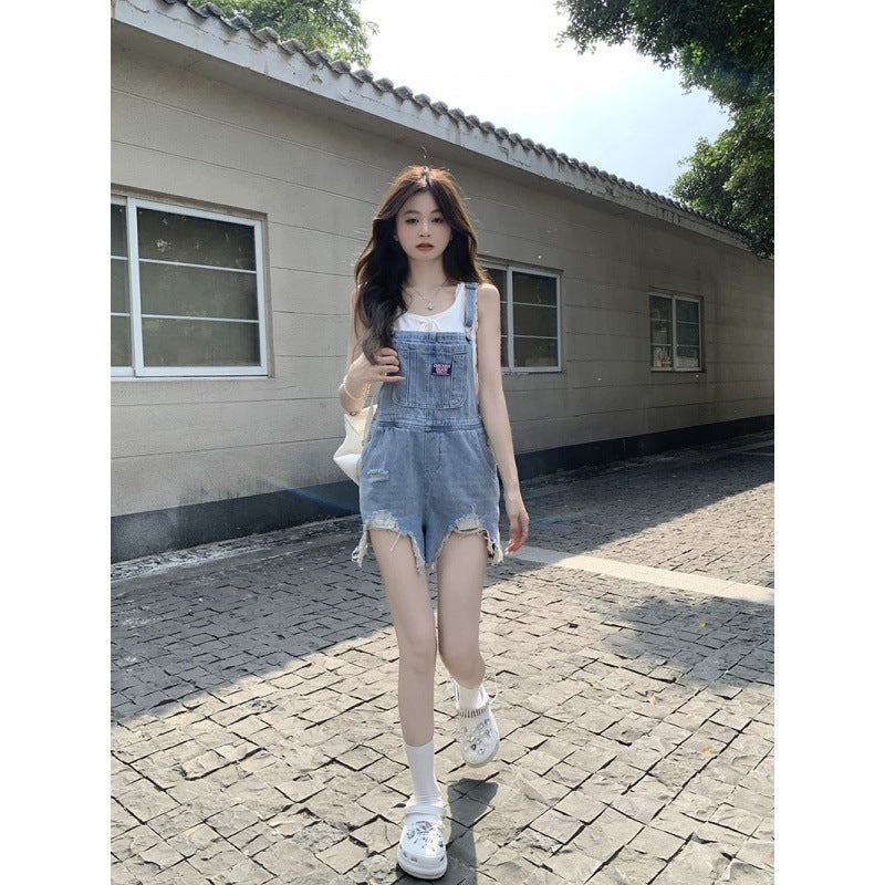 Women's All-match Denim Overalls Shorts Washed Ripped Wide Leg