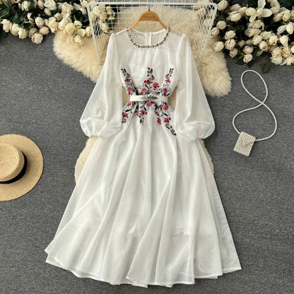 Machine Embroidery Mesh Beads Long Sleeve Dress Women