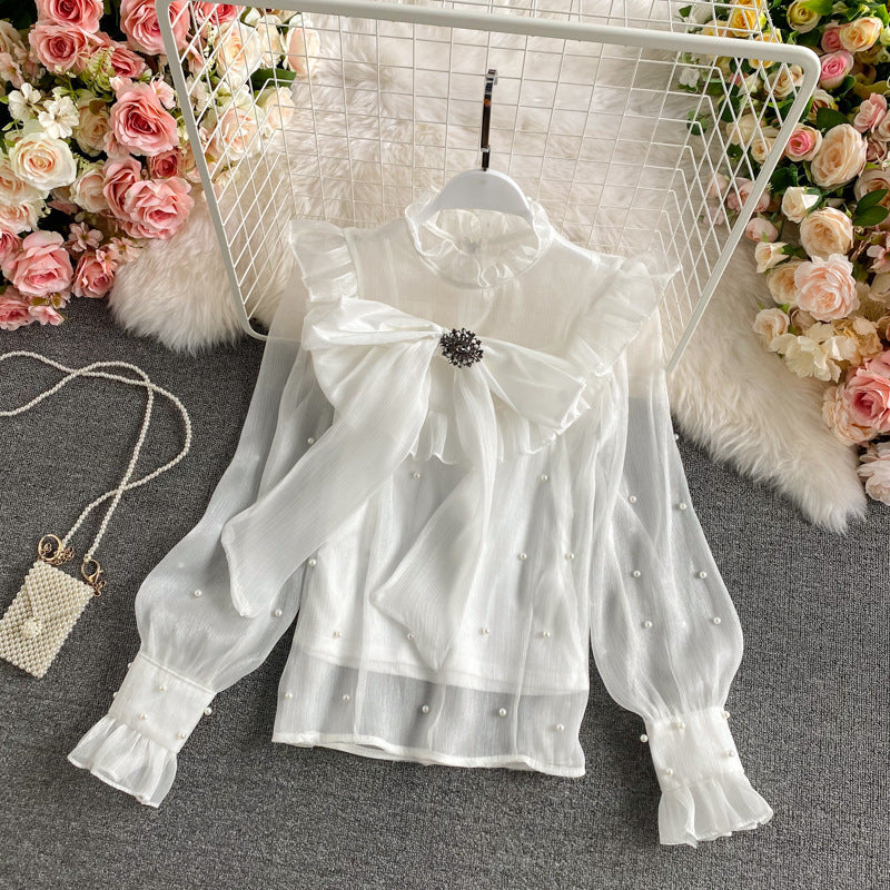 Ruffle Bottoming Tie Shirt Stand-up Collar Long Sleeves