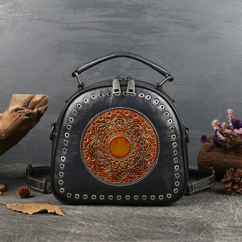 Retro Original First Layer Cowhide Round Hole Totem Shoulder Bag