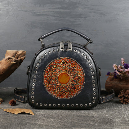 Retro Original First Layer Cowhide Round Hole Totem Shoulder Bag