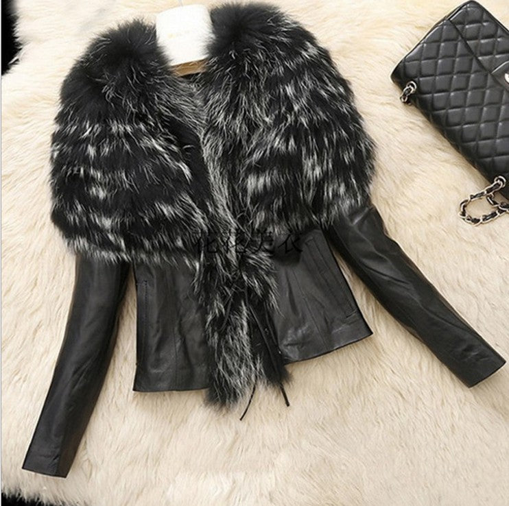 Faux Fur Slim Fit PU Leather  Fluffy coat