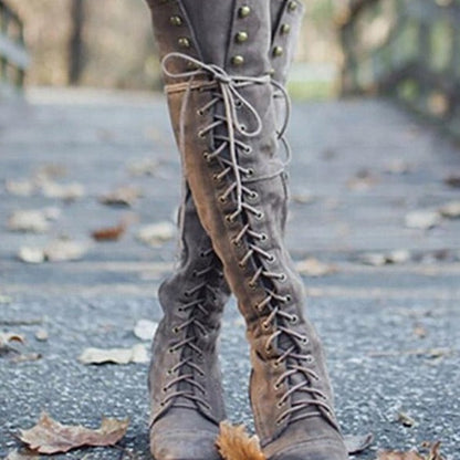 Botas altas con cordones y tacón bajo grueso de color liso para mujer