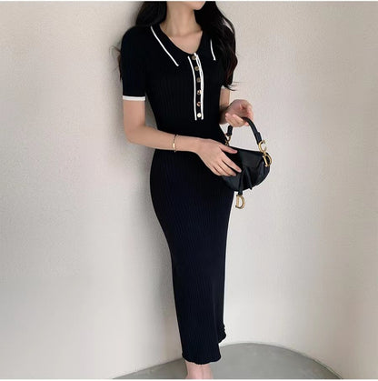 Short Sleeve Contrast Color Slim Fit Knitted Dress