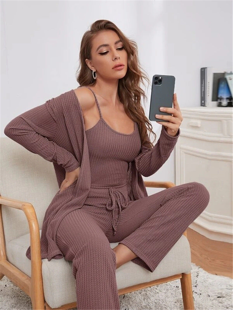 Home Wear Waffle Knitted Suspenders Top And Trousers Robe Pajamas Three-piece Suit