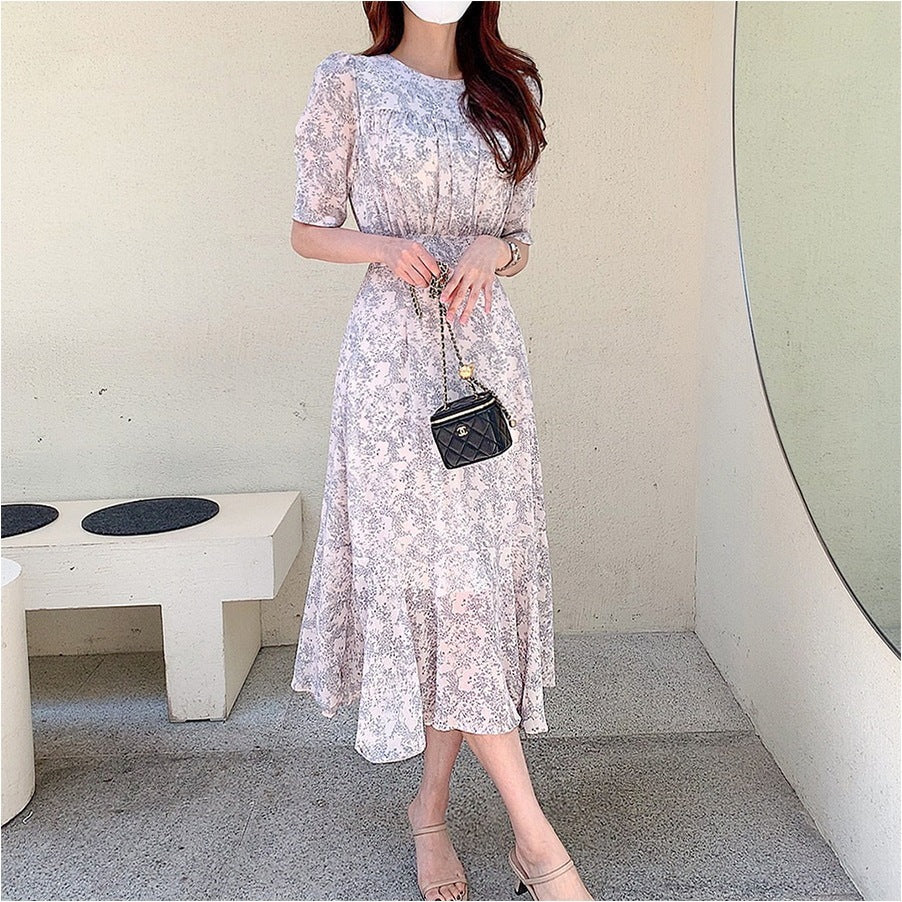 Floral Round Neck Tied Waist Trimming Short-sleeved Dress