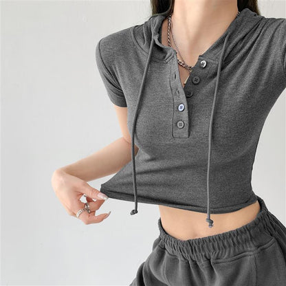 Women's Summer Sports Style Button Hooded Short Sleeve T-shirt