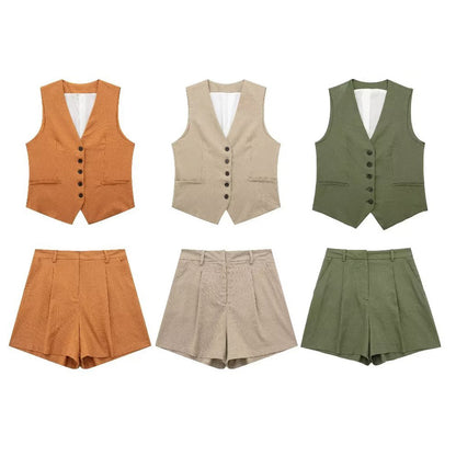 V-neck Single Breasted Vest High Waist Wide Leg Shorts Suit