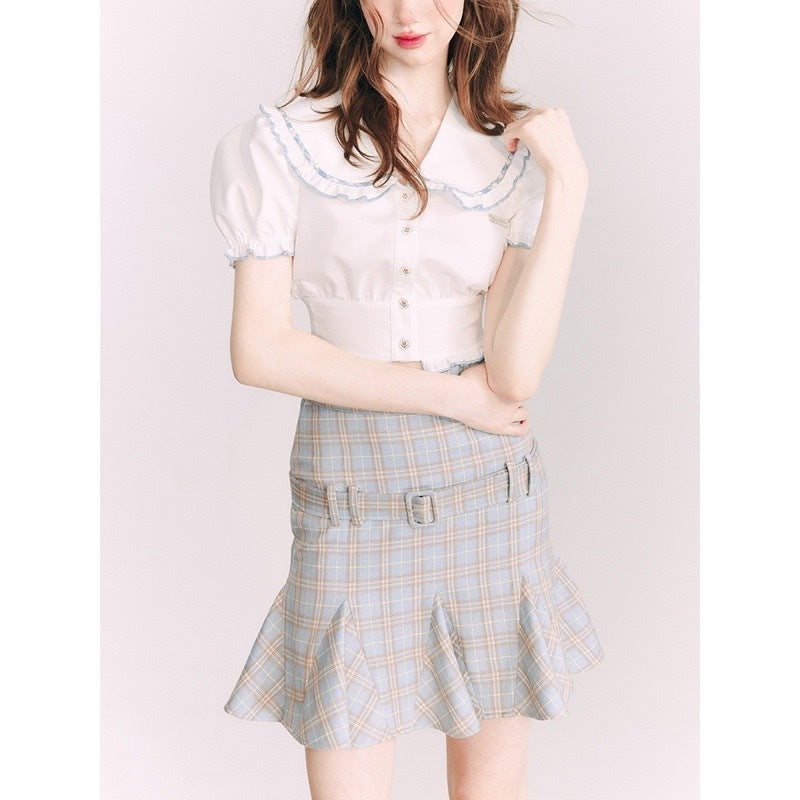 Small Shirt Puff Sleeve Navy Style French Style Peter Pan Collar Short Sleeve