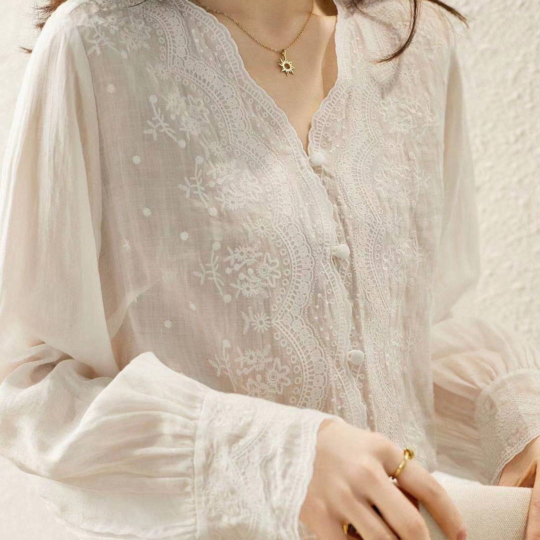 Fashion New V-neck Retro Cotton And Linen Inner And Outer Wear Shirt Women