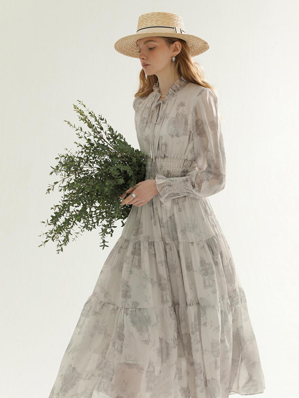 Long Sleeve Floral Dress Gentle Tea Break Long Skirt