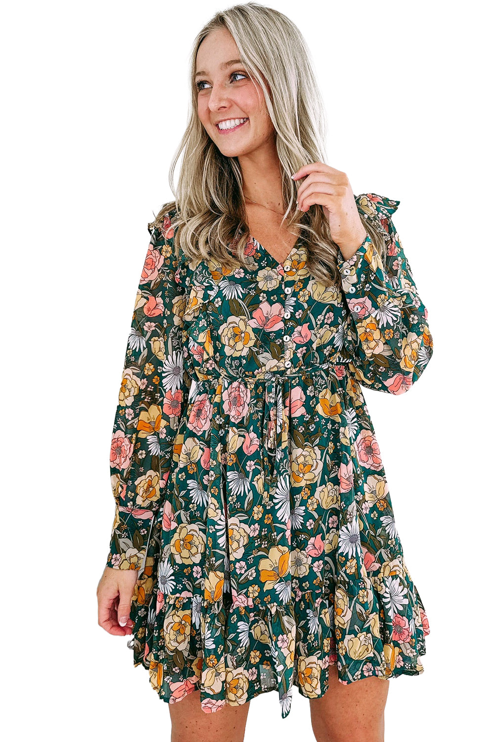 Robe florale à volants et corsage boutonné vert