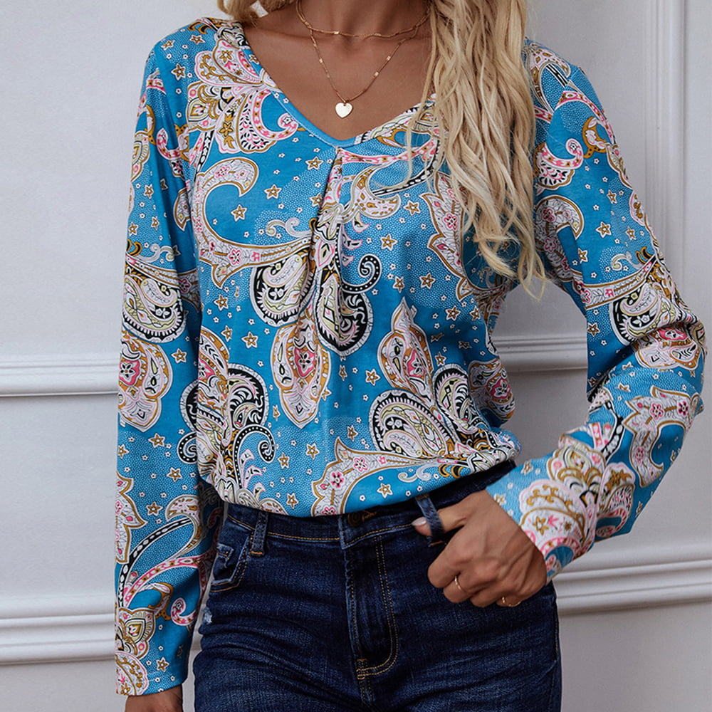 Blouse imprimée à manches longues et col en V