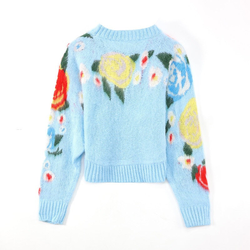 Sweet Art Flower Mohair Pullover Crew Neck Sweater