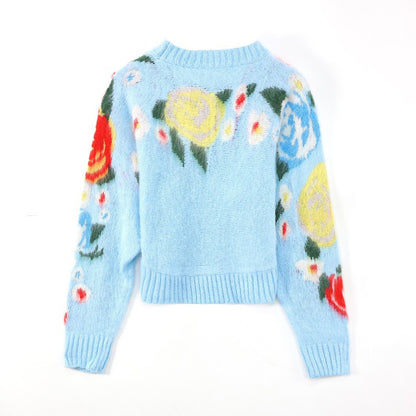 Sweet Art Flower Mohair Pullover Crew Neck Sweater