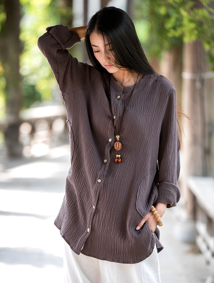 Spring And Summer Cotton And Linen Women's Retro Double-layer Shirt