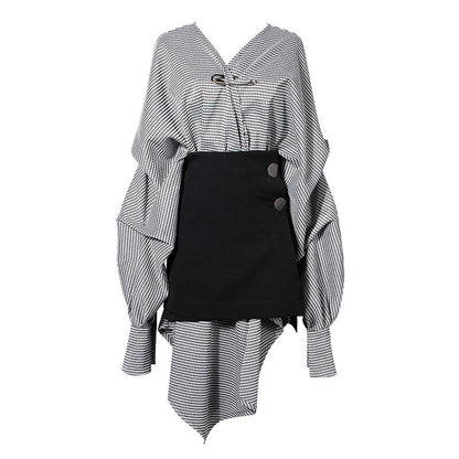 Irregular Cut V-neck Fashionable Suit Dress Women's Long Sleeve Skirt Two-piece Set