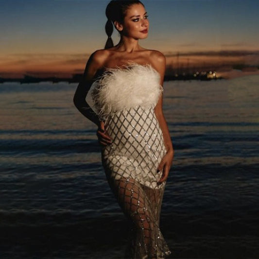 Sequined Tube Top Feather Bandage One-piece Dress