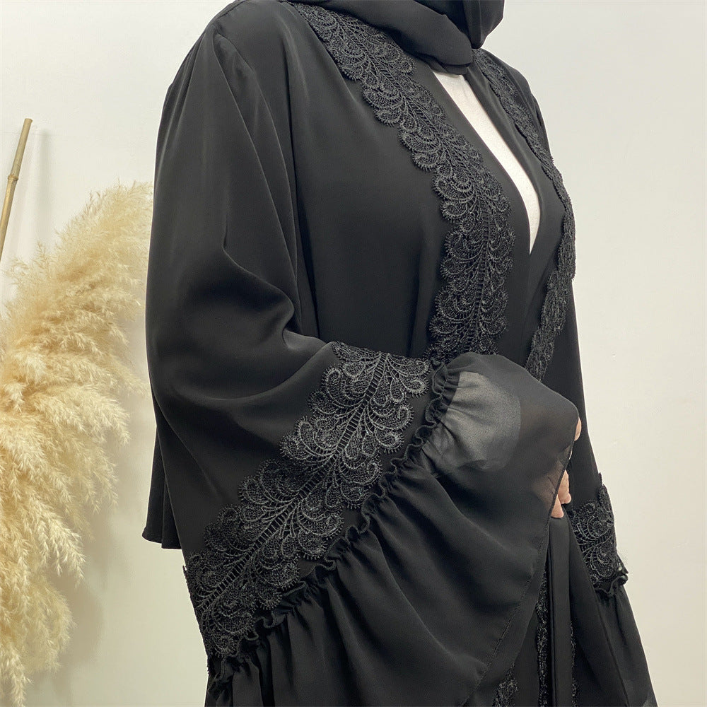 Robe cardigan musulmane à lacets brodée de fleurs noires