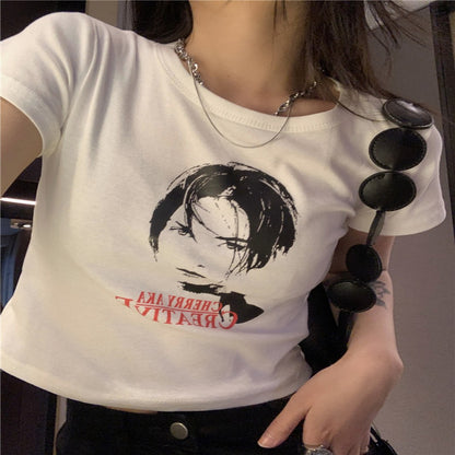 Camiseta de manga corta con ombligo expuesto de algodón Top de cintura alta para mujer