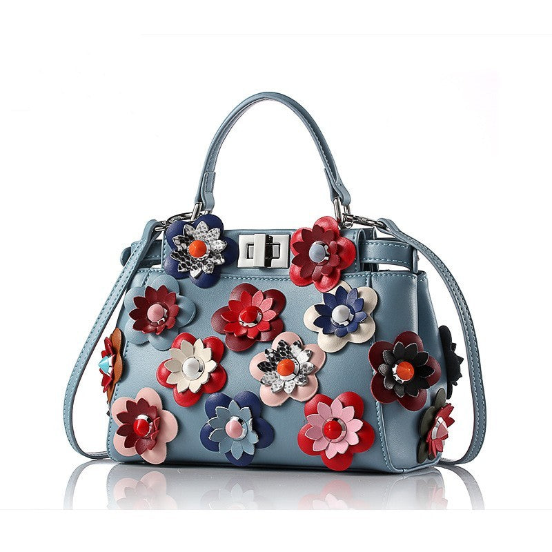 Bolso de piel de vaca, bolso de mano, mini bolso de hombro con flores, bolso diagonal para mujer