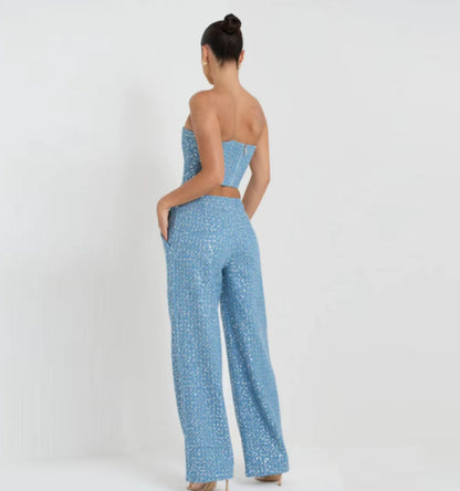 Costume de pantalon à jambes larges en jean à paillettes à la mode