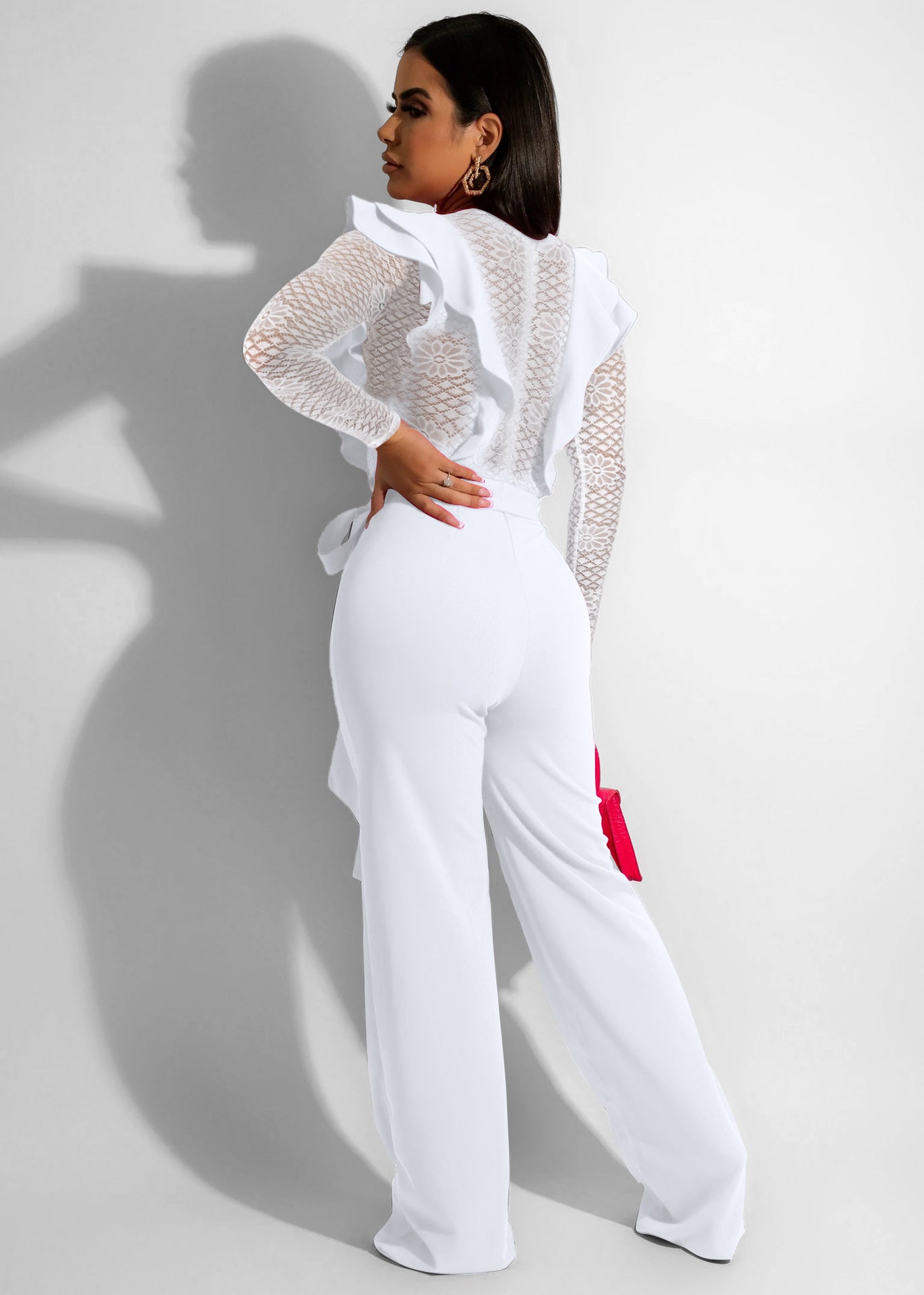 Fashion Business Slim Fit V-neck Lace See-through Type Jumpsuit