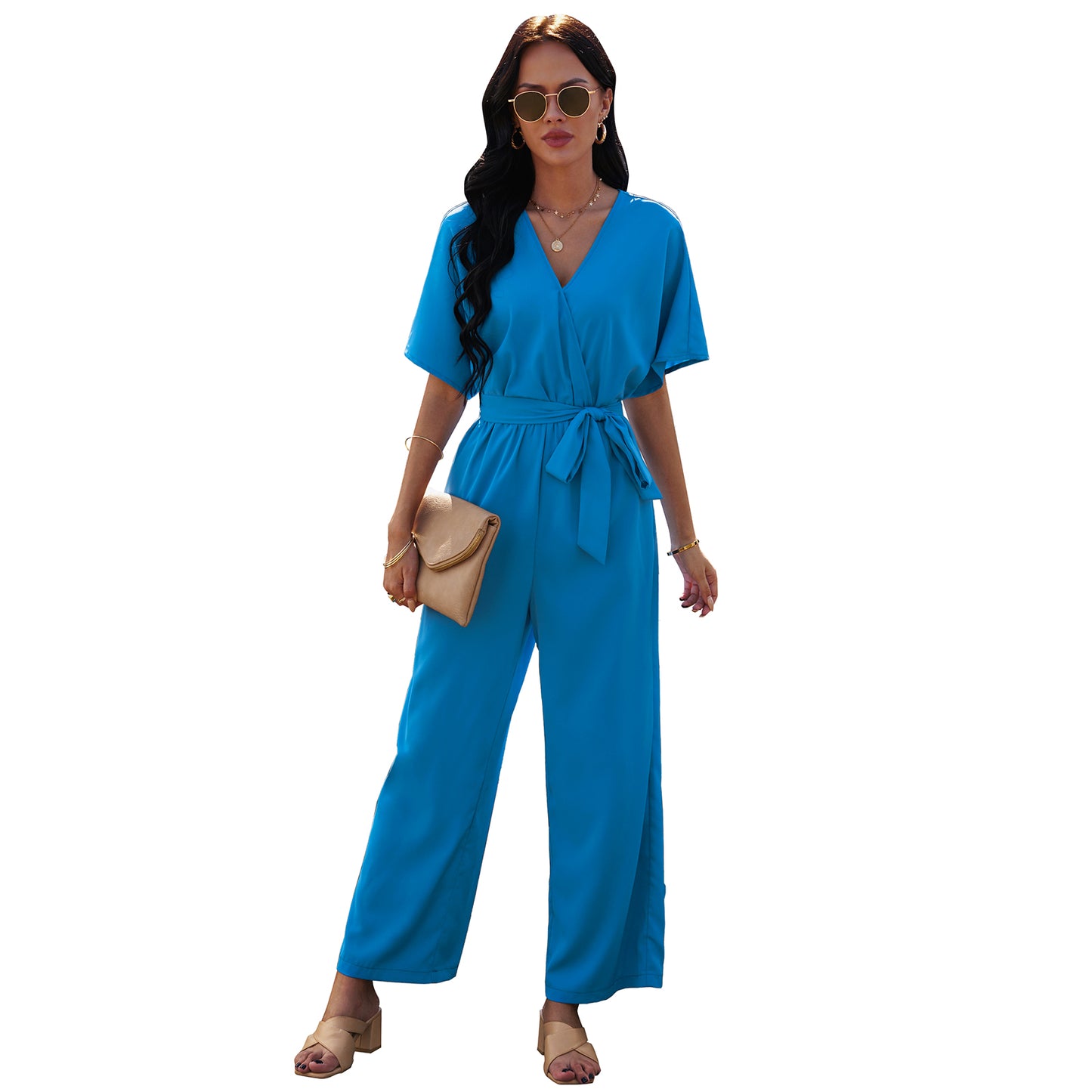 European And American V-neck Women's Tie Waist Solid Color Jumpsuit