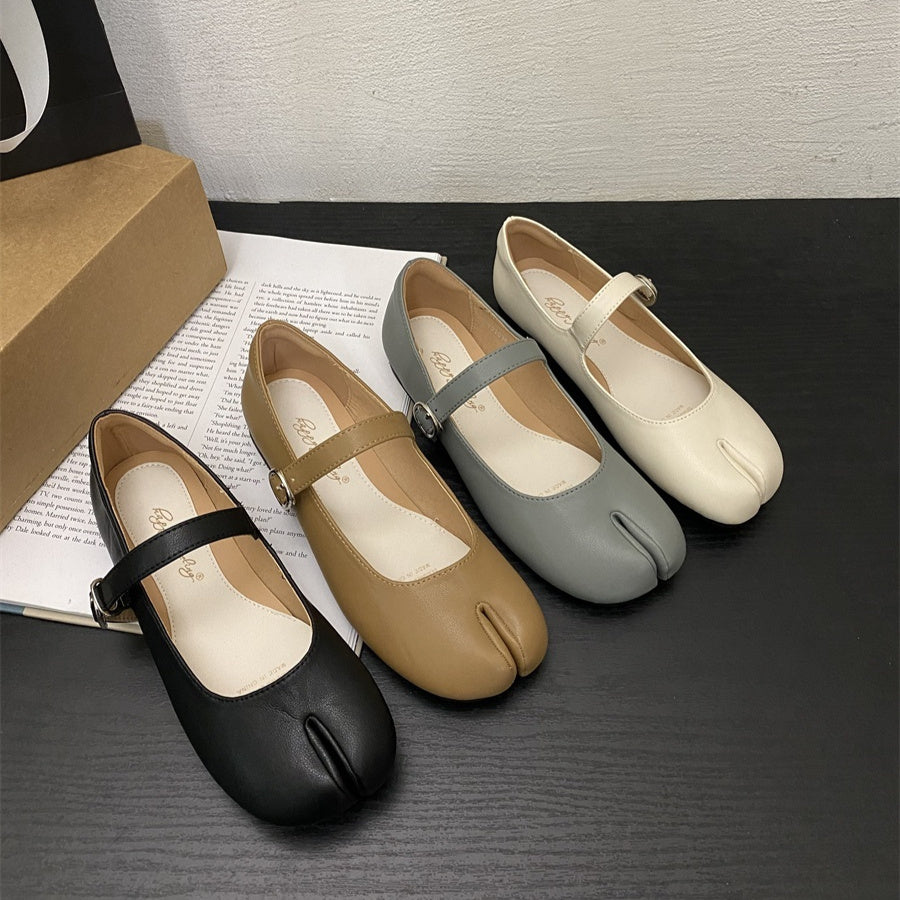 French Flat White Split Toe Mary Jane Single Shoe For Women