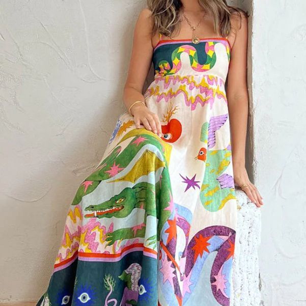 Vestido largo con estampado de moda para mujer, holgado, informal, sin mangas, con tirantes, con vuelo grande