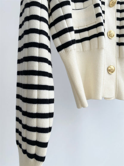 Polo Collar Stripes Cardigan Polo Collar Long Sleeve Knitted Coat