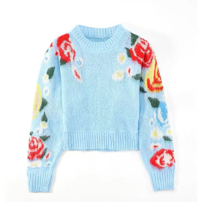 Sweet Art Flower Mohair Pullover Crew Neck Sweater