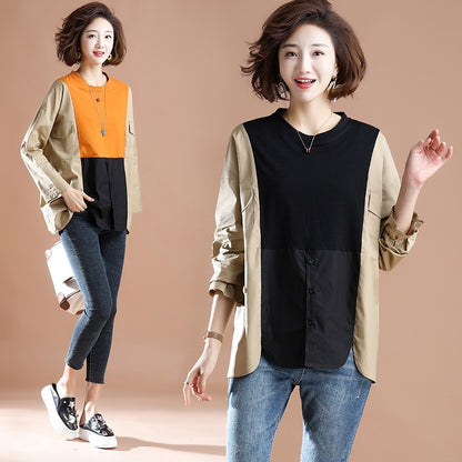 Contrasting Color Stitching Was Thin Long-sleeved Western Style Shirtloose And Fat